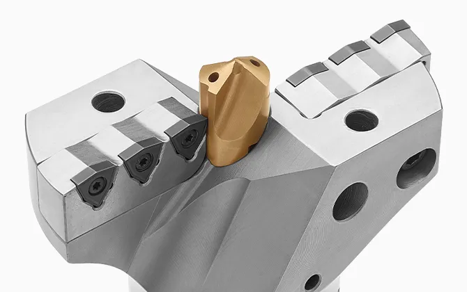 Vortex deep hole drilling system with adjustable pilot drill and indexable inserts